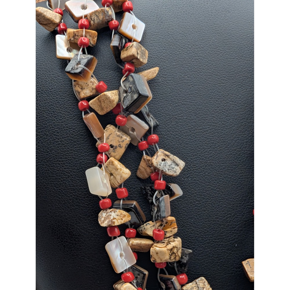 Sonoma Red Beaded Multi Strand Necklace Mother of Pearl Shell Pendant Boho - Picture 4 of 12